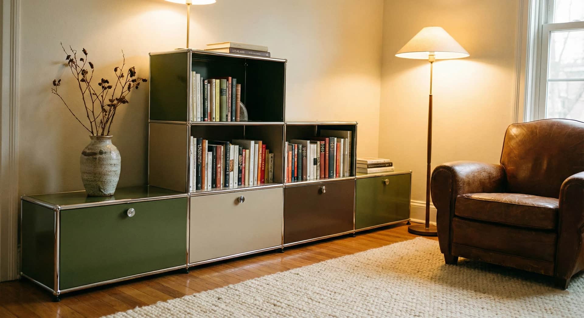 Klackjoy modular cabinet with open shelves in an olive and taupe reading nook